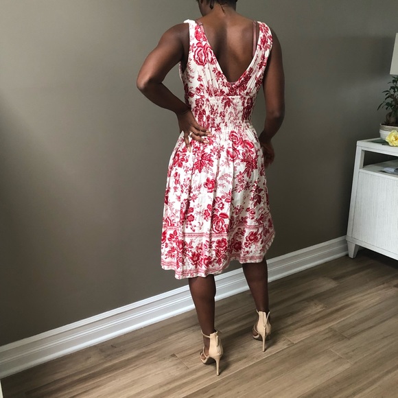 Red and white shirred waist Sun Dress - Picture 2 of 7